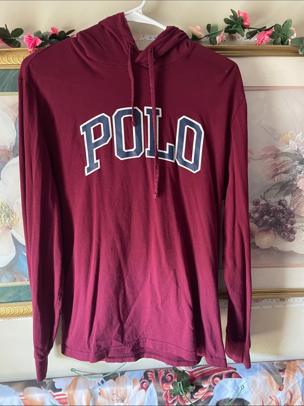 Polo by Ralph Lauren Men's Maroon Hooded Long-Sleeve Shirt with Navy Lettering